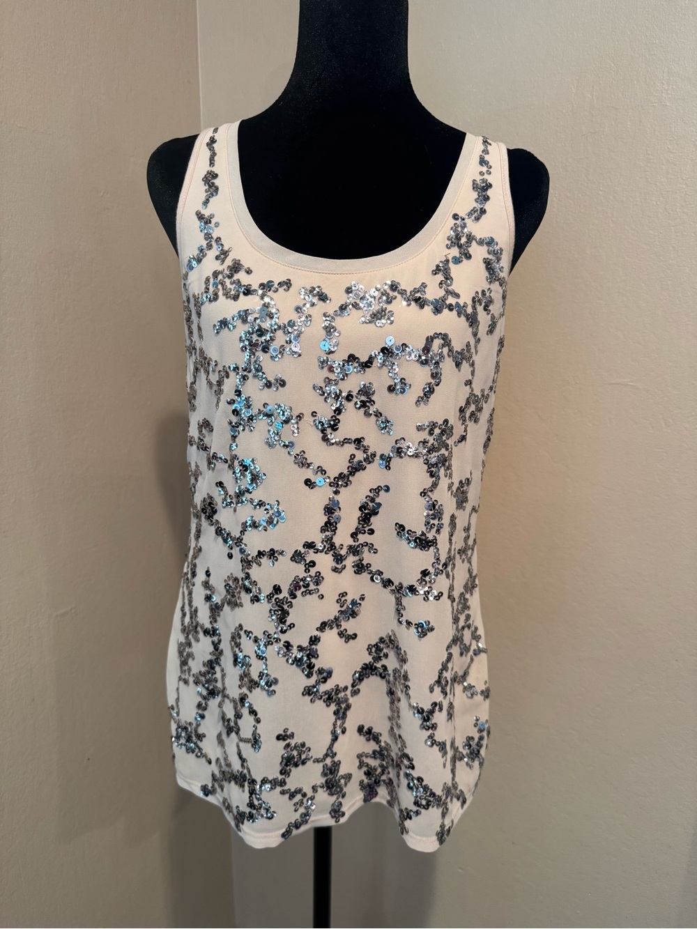 Y2K Express Creamy Champagne Beige Tank Top with Silver Sequin Detail